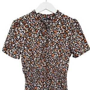 BTFBM Womens Dress Size S Brown Floral Smocked Waist Midi Short Sleeve Flowy